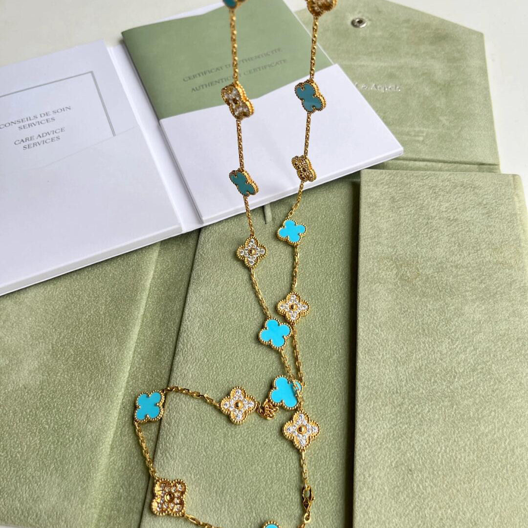 [VA]CLOVER 20 MOTIFS TURQUOISE DIAMOND NECKLACE