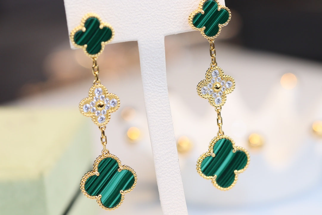 [VA]CLOVER OHRRINGE GOLD MALACHIT DIAMANT 3 MOTIVE