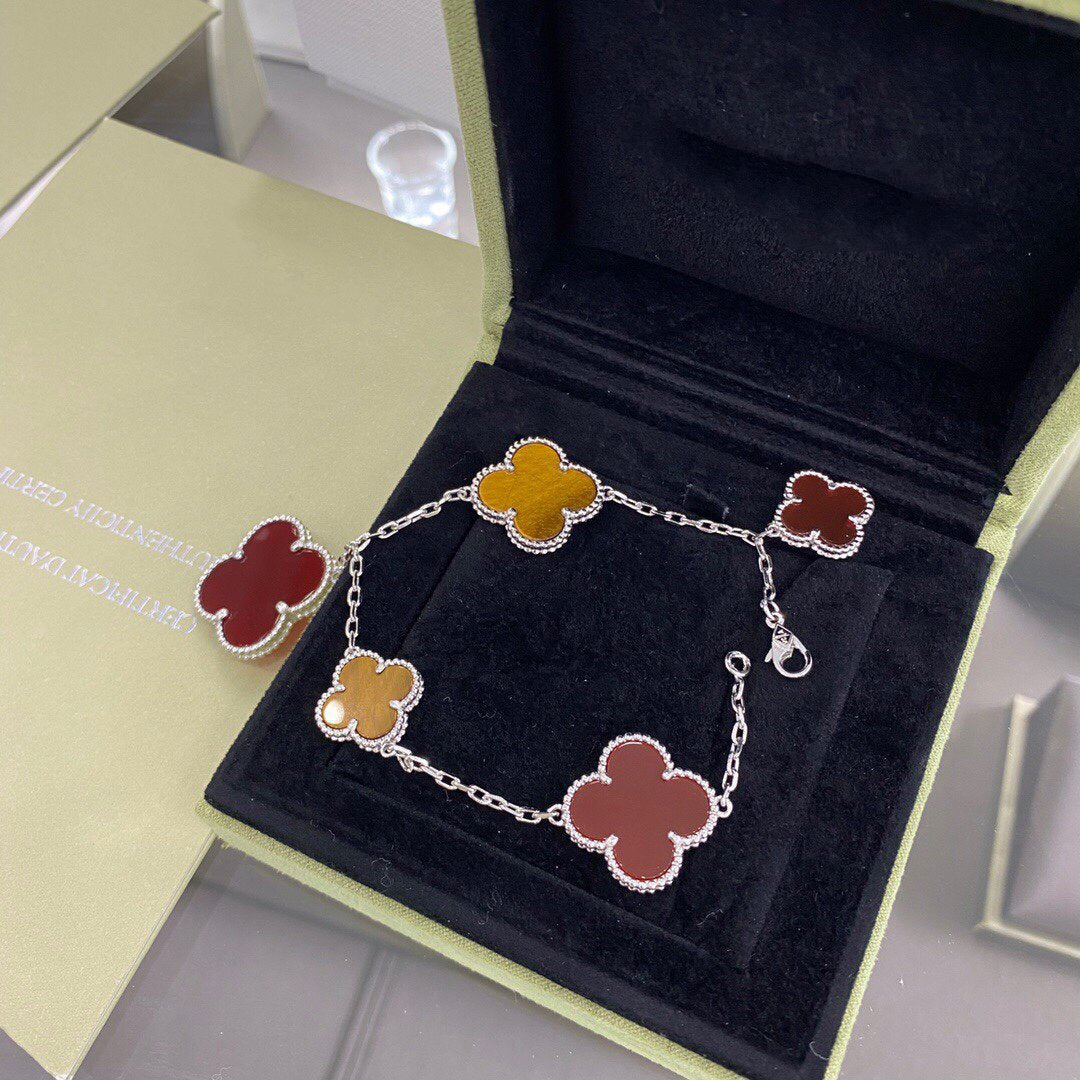 [VA]CLOVER ARMBAND MIT 5 MOTIVEN, SILBER, KARNEOL, TIGERAUGE
