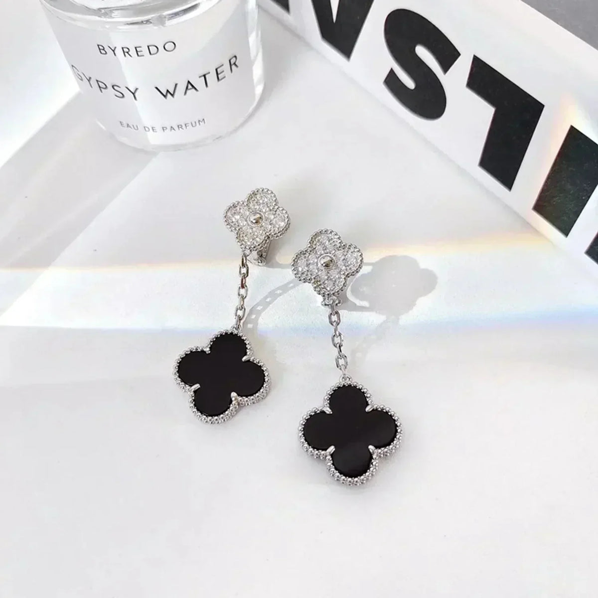 [VA]CLOVER 2 MOTIVE DIAMANT ONYX OHRRINGE SILBER