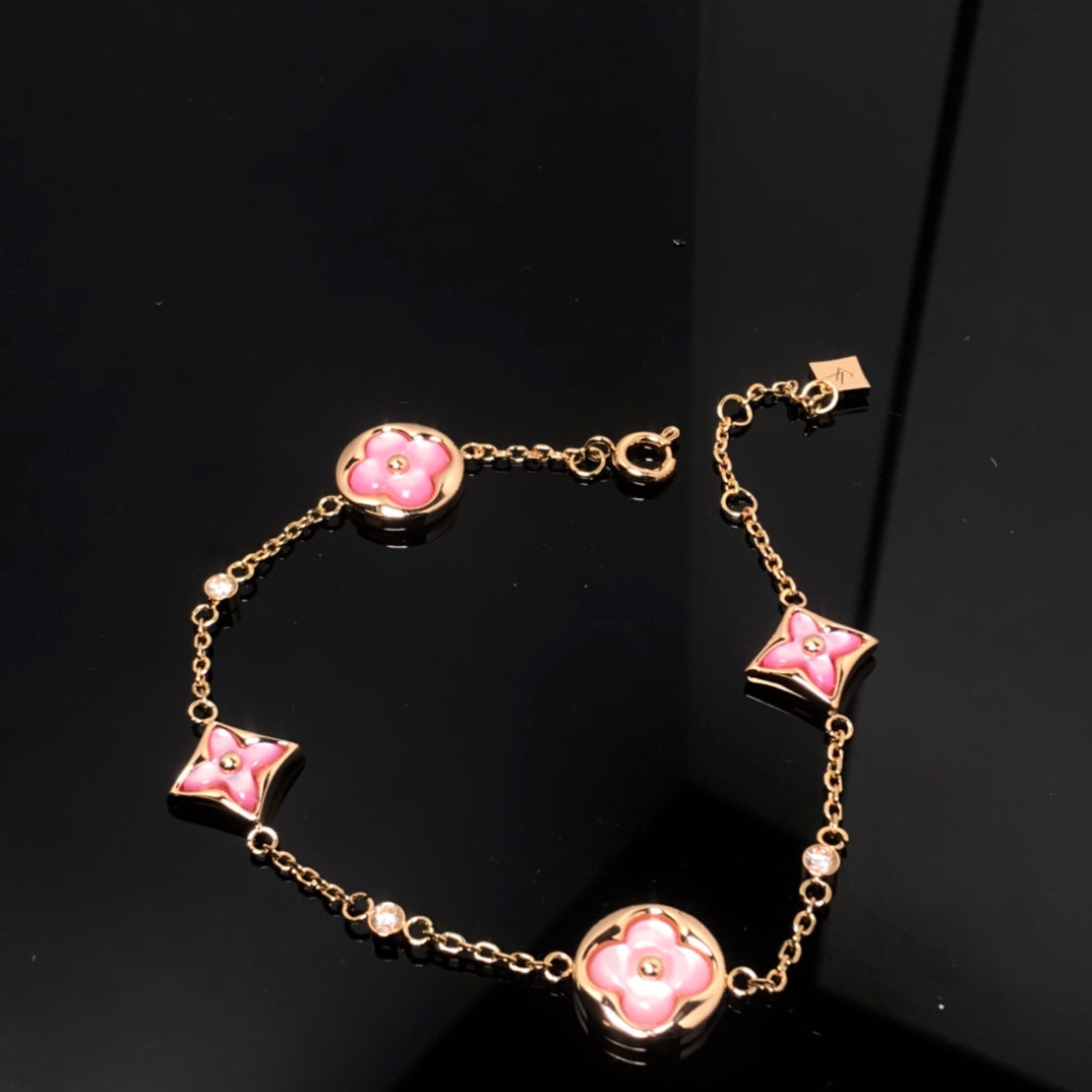 [VA]STAR AND SUN 4 MOTIF PINK MOP PINK GOLD BRACELET