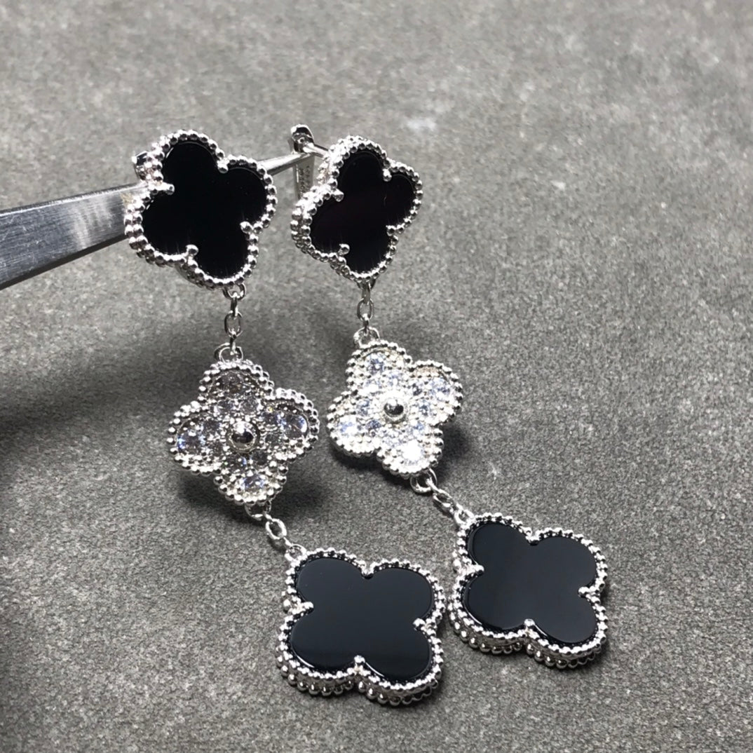 [VA]CLOVER 3-MOTIV DIAMANT ONYX SILBEROHRRINGE