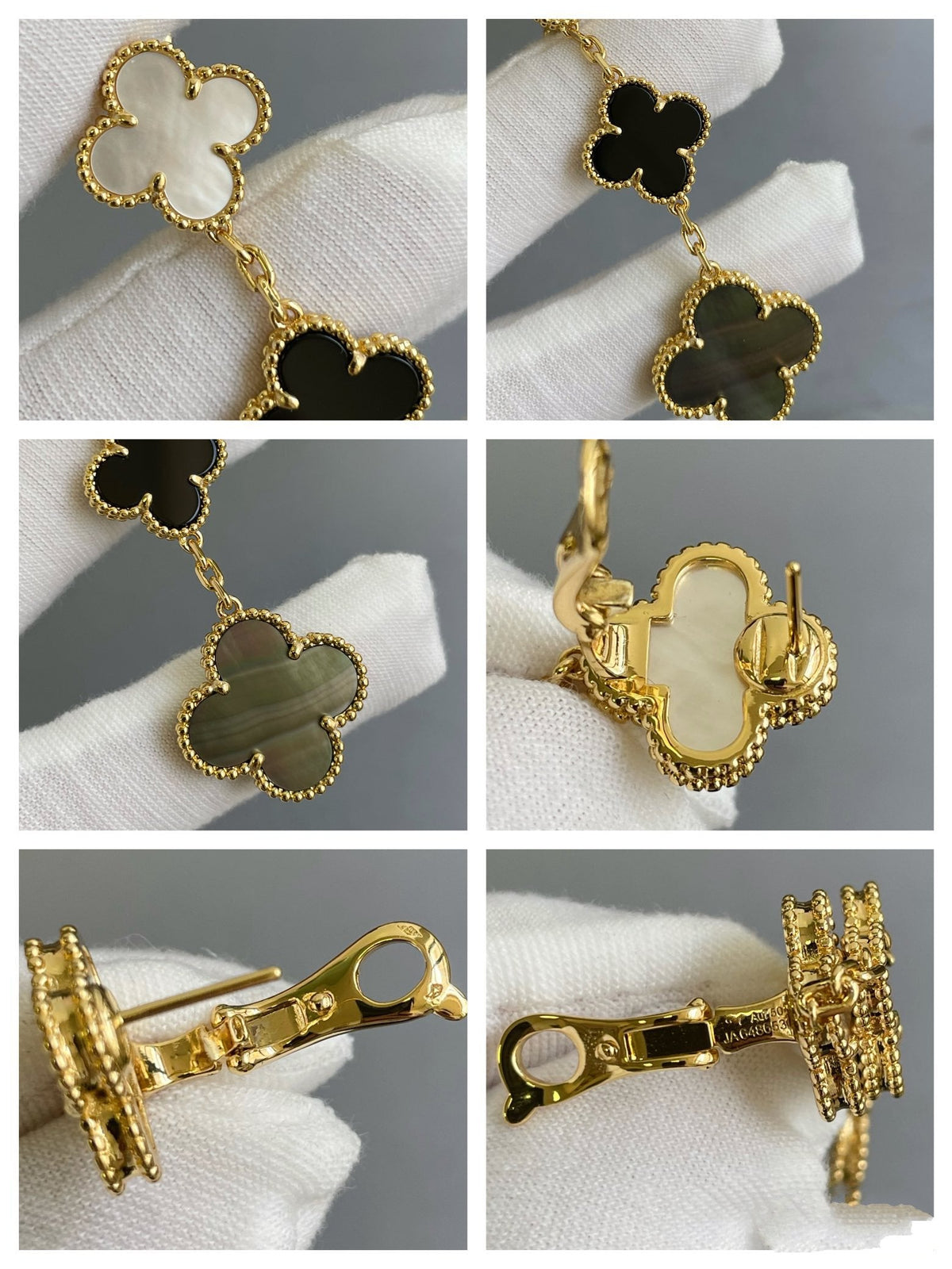 [VA]CLOVER 3 MOTIV OHRRINGE AUS PERLMUTT, ONYX, DUNKLEM PERLMUTT UND ROSÉGOLD